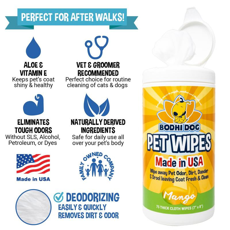 Bodhi Dog Pet Wipes Made in USA 75 Thick Wet & Thick Wipes for Dog Grooming, Wipe Away Pet Odors & Deodorizes, No Parabens or SLS