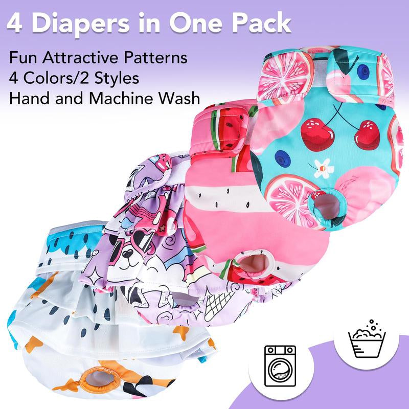 Washable Female Dog Diapers, 4-Pack Reusable and Absorbent, Leak-Proof for Heat and Training
