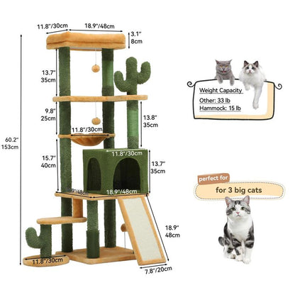 YITAHOME Cactus Cat Tree Tower 37/44.5/60/76 Inch with Self-Grooming Brush, Multi-Level Features, and Sisal Scratching Posts for Indoor Cats