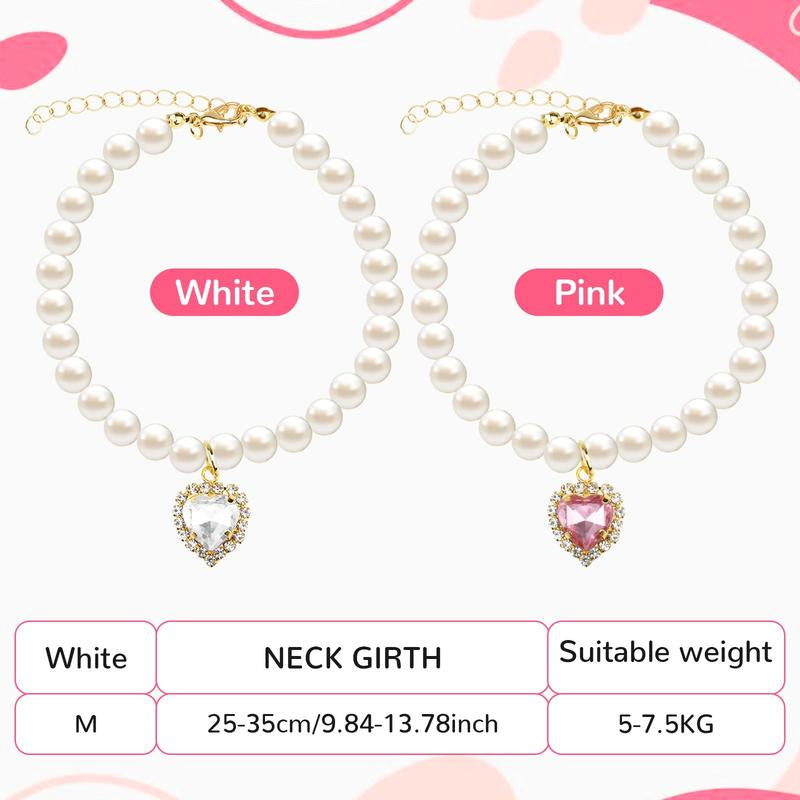 2-Pack Adjustable Pearl Cat Collar with Heart-Shaped Rhinestones - Cute Pet Necklace for Weddings, Parties, & Birthdays