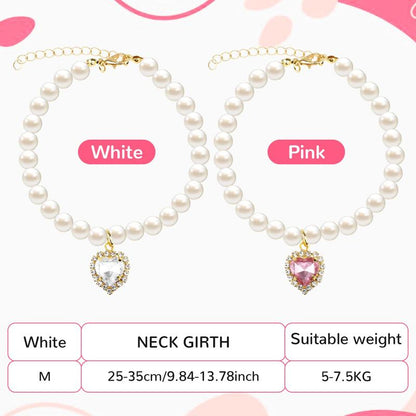 2-Pack Adjustable Pearl Cat Collar with Heart-Shaped Rhinestones - Cute Pet Necklace for Weddings, Parties, & Birthdays