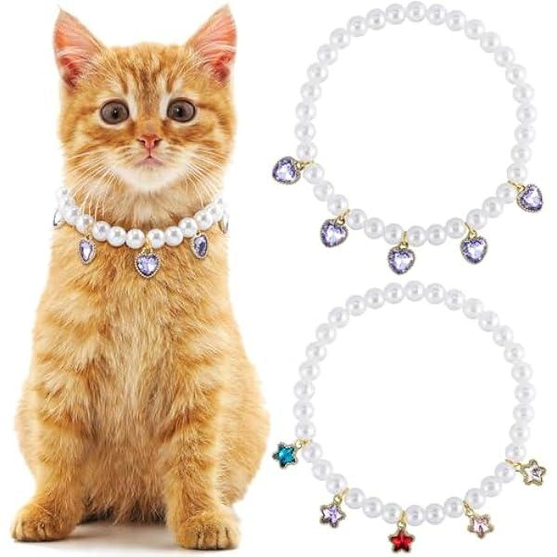 2-Pack Adjustable Pearl Cat Collar with Heart-Shaped Rhinestones - Cute Pet Necklace for Weddings, Parties, & Birthdays