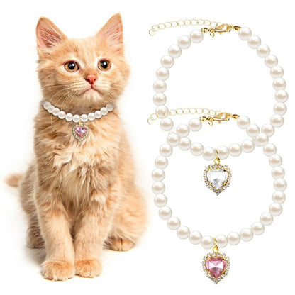2-Pack Adjustable Pearl Cat Collar with Heart-Shaped Rhinestones - Cute Pet Necklace for Weddings, Parties, & Birthdays