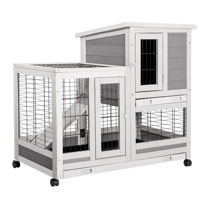 Aecojoy Rabbit Hutch Enclosure - 37 Inches Guinea Pig Cages with 4 Casters, Indoor Rabbit Cage with Removable Trays & Ladder, No Leak Trays