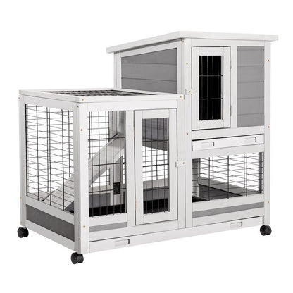 Aecojoy Rabbit Hutch Enclosure - 37 Inches Guinea Pig Cages with 4 Casters, Indoor Rabbit Cage with Removable Trays & Ladder, No Leak Trays