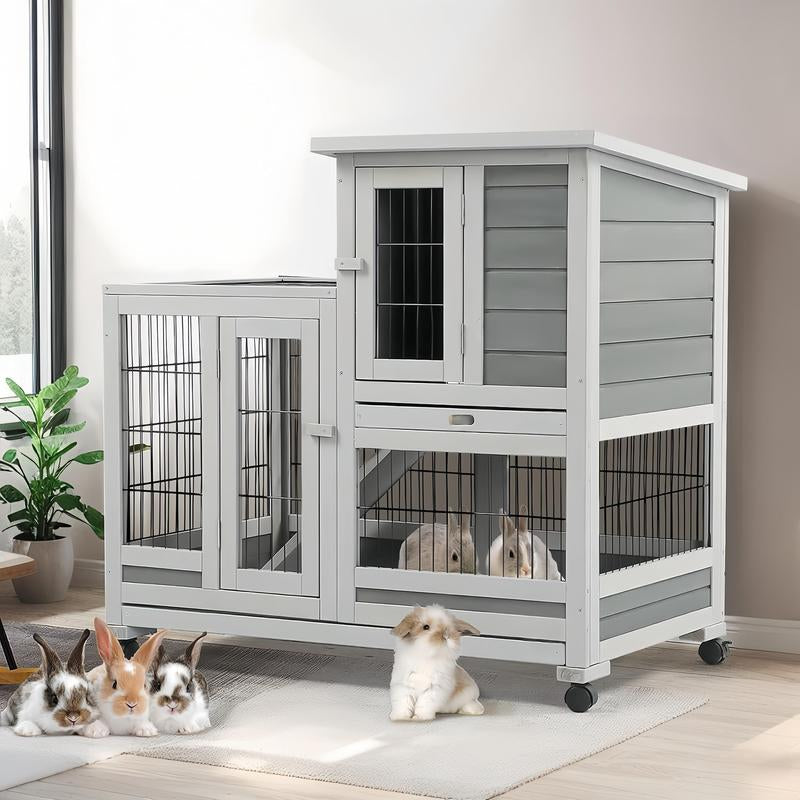 Aecojoy Rabbit Hutch Enclosure - 37 Inches Guinea Pig Cages with 4 Casters, Indoor Rabbit Cage with Removable Trays & Ladder, No Leak Trays