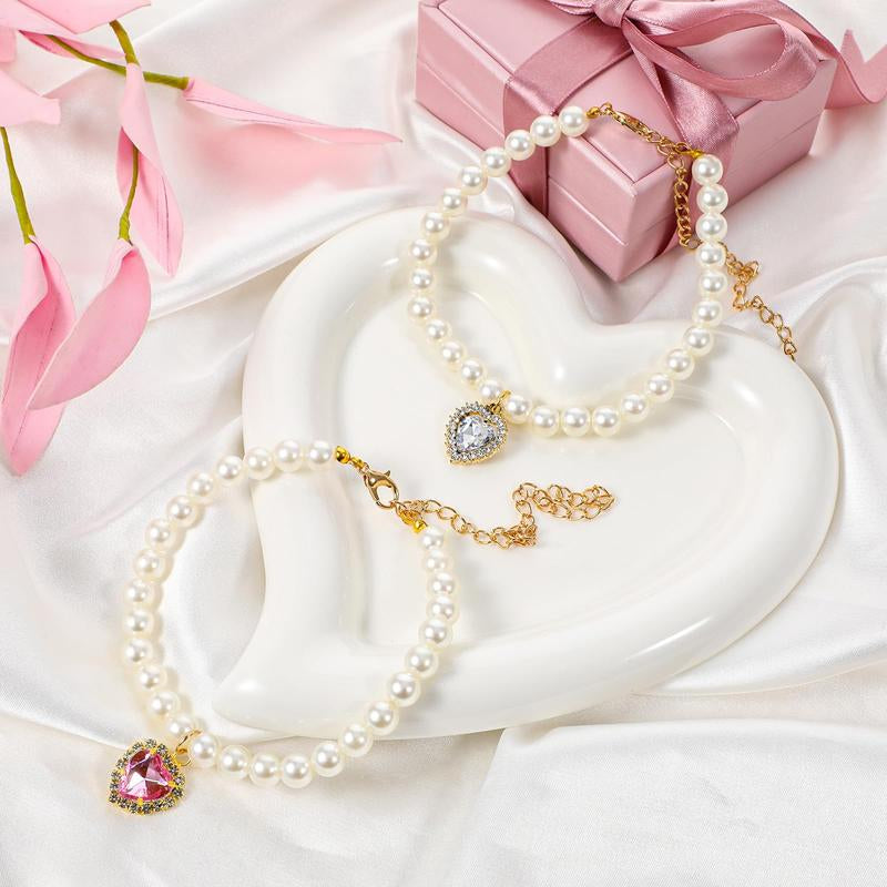 2-Pack Adjustable Pearl Cat Collar with Heart-Shaped Rhinestones - Cute Pet Necklace for Weddings, Parties, & Birthdays