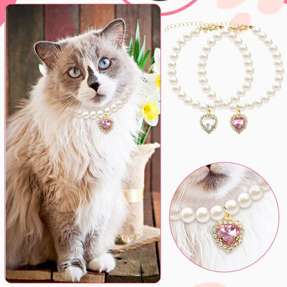 2-Pack Adjustable Pearl Cat Collar with Heart-Shaped Rhinestones - Cute Pet Necklace for Weddings, Parties, & Birthdays