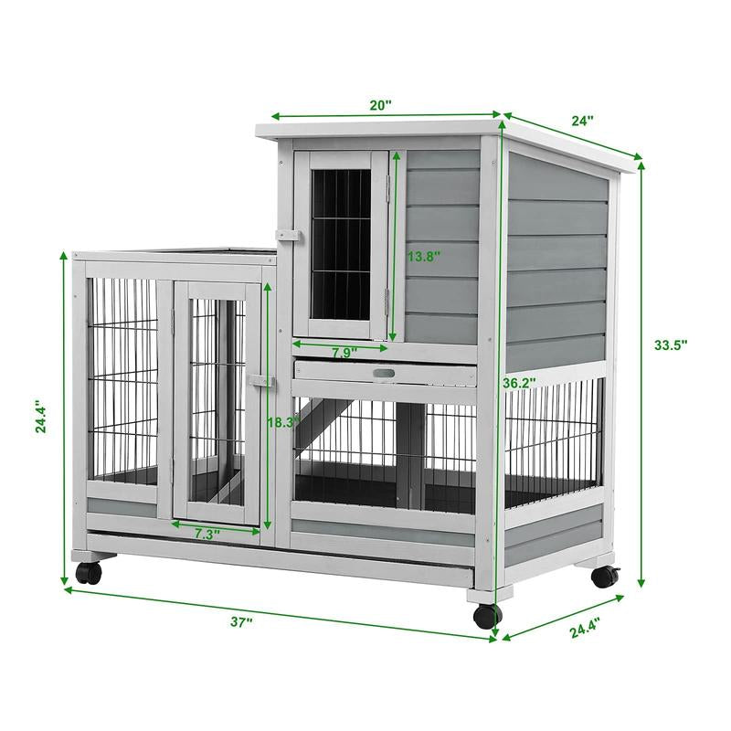 Aecojoy Rabbit Hutch Enclosure - 37 Inches Guinea Pig Cages with 4 Casters, Indoor Rabbit Cage with Removable Trays & Ladder, No Leak Trays