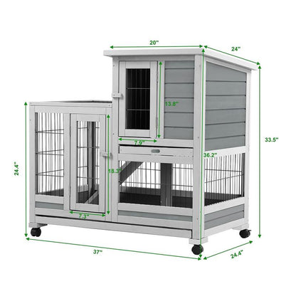 Aecojoy Rabbit Hutch Enclosure - 37 Inches Guinea Pig Cages with 4 Casters, Indoor Rabbit Cage with Removable Trays & Ladder, No Leak Trays