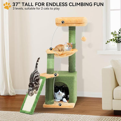 YITAHOME Cactus Cat Tree Tower 37/44.5/60/76 Inch with Self-Grooming Brush, Multi-Level Features, and Sisal Scratching Posts for Indoor Cats
