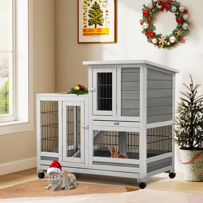 Aecojoy Rabbit Hutch Enclosure - 37 Inches Guinea Pig Cages with 4 Casters, Indoor Rabbit Cage with Removable Trays & Ladder, No Leak Trays