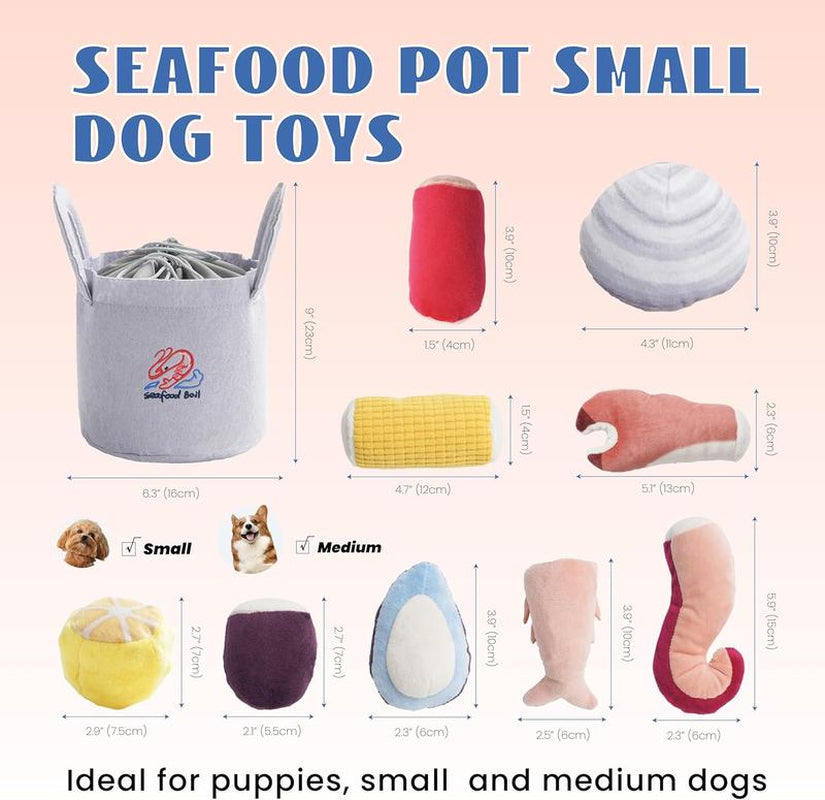 Nocciola 10 PCS Seafood Boil Dog Toy Set with a Pot, Christmas Gift, Squeaky Crinkle Plush Puppy Toy,Interactive Toys, Hide Toys for Small to Medium Dogs