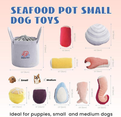 Nocciola 10 PCS Seafood Boil Dog Toy Set with a Pot, Christmas Gift, Squeaky Crinkle Plush Puppy Toy,Interactive Toys, Hide Toys for Small to Medium Dogs