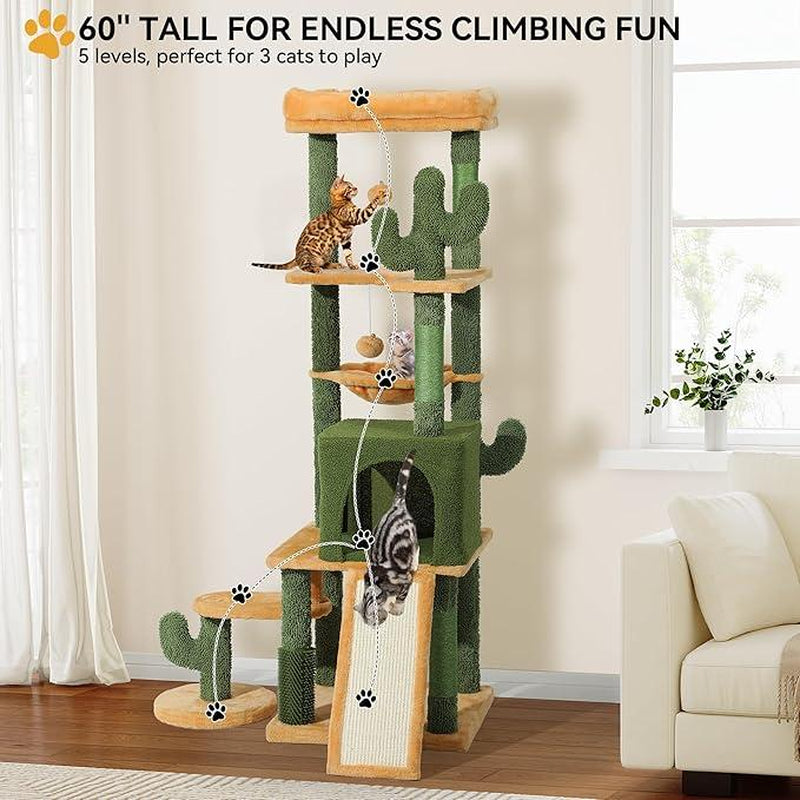 YITAHOME Cactus Cat Tree Tower 37/44.5/60/76 Inch with Self-Grooming Brush, Multi-Level Features, and Sisal Scratching Posts for Indoor Cats
