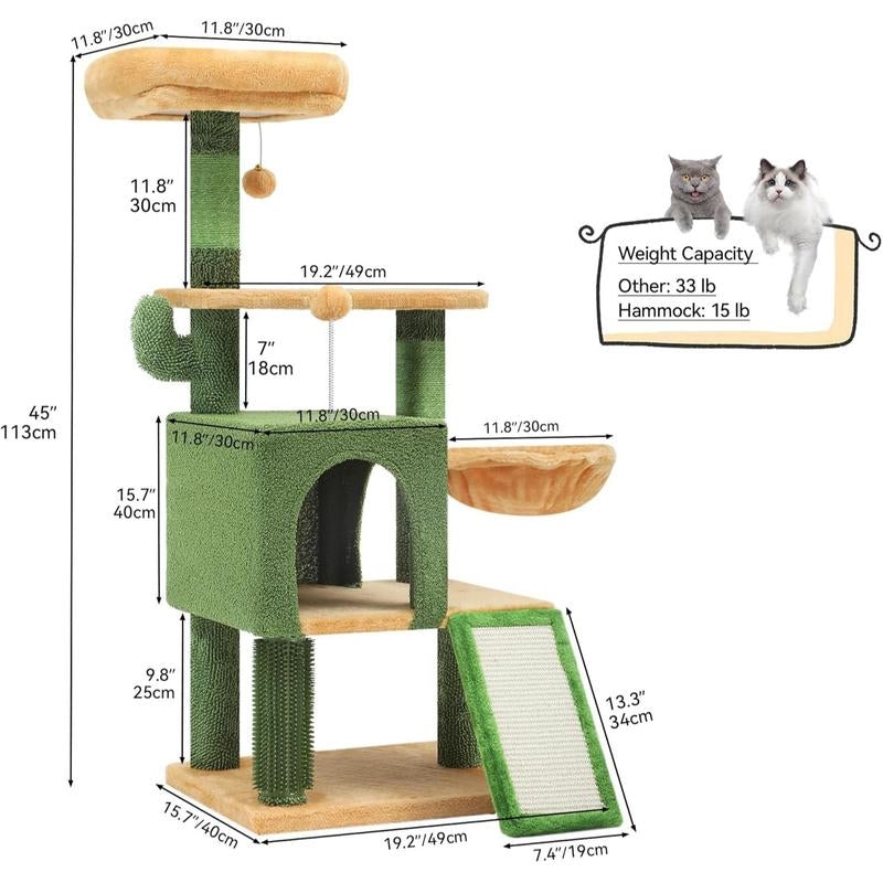 YITAHOME Cactus Cat Tree Tower 37/44.5/60/76 Inch with Self-Grooming Brush, Multi-Level Features, and Sisal Scratching Posts for Indoor Cats