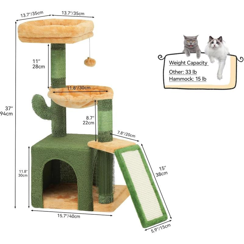 YITAHOME Cactus Cat Tree Tower 37/44.5/60/76 Inch with Self-Grooming Brush, Multi-Level Features, and Sisal Scratching Posts for Indoor Cats