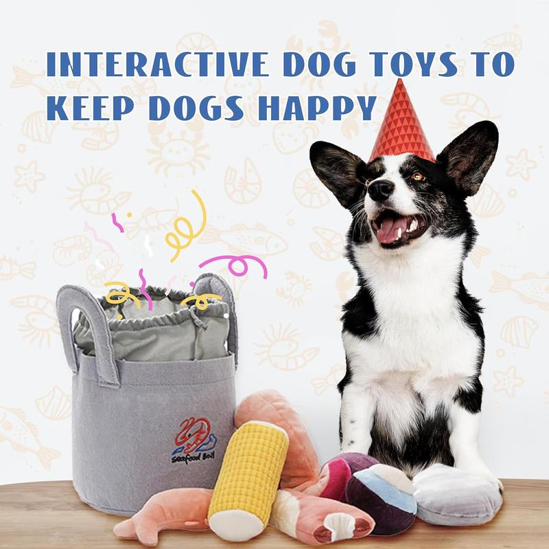 Nocciola 10 PCS Seafood Boil Dog Toy Set with a Pot, Christmas Gift, Squeaky Crinkle Plush Puppy Toy,Interactive Toys, Hide Toys for Small to Medium Dogs