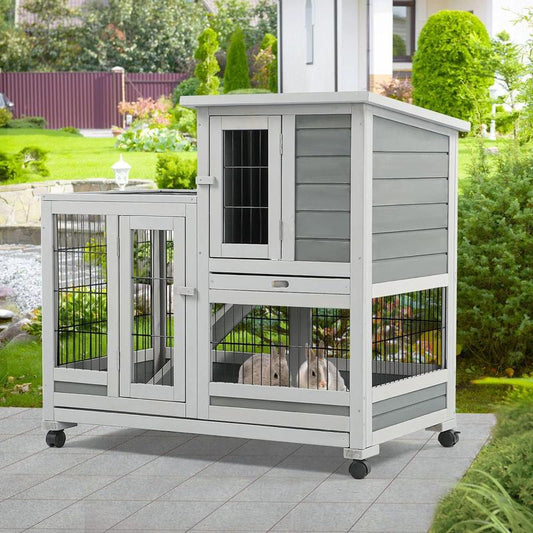 Aecojoy Rabbit Hutch Enclosure - 37 Inches Guinea Pig Cages with 4 Casters, Indoor Rabbit Cage with Removable Trays & Ladder, No Leak Trays