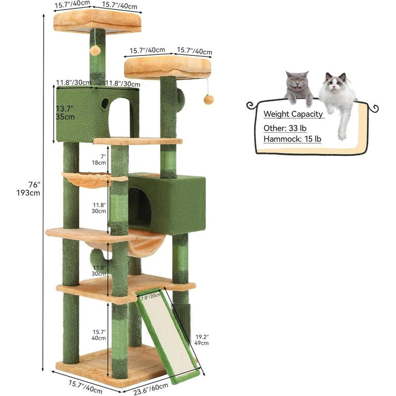 YITAHOME Cactus Cat Tree Tower 37/44.5/60/76 Inch with Self-Grooming Brush, Multi-Level Features, and Sisal Scratching Posts for Indoor Cats