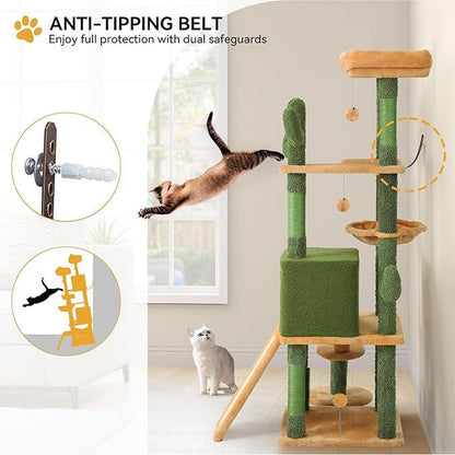 YITAHOME Cactus Cat Tree Tower 37/44.5/60/76 Inch with Self-Grooming Brush, Multi-Level Features, and Sisal Scratching Posts for Indoor Cats