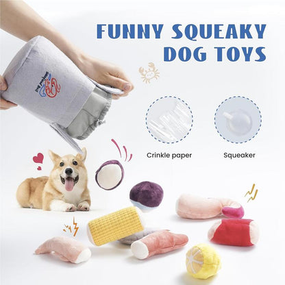 Nocciola 10 PCS Seafood Boil Dog Toy Set with a Pot, Christmas Gift, Squeaky Crinkle Plush Puppy Toy,Interactive Toys, Hide Toys for Small to Medium Dogs