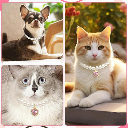 2-Pack Adjustable Pearl Cat Collar with Heart-Shaped Rhinestones - Cute Pet Necklace for Weddings, Parties, & Birthdays