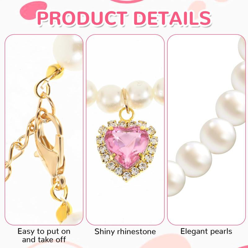 2-Pack Adjustable Pearl Cat Collar with Heart-Shaped Rhinestones - Cute Pet Necklace for Weddings, Parties, & Birthdays