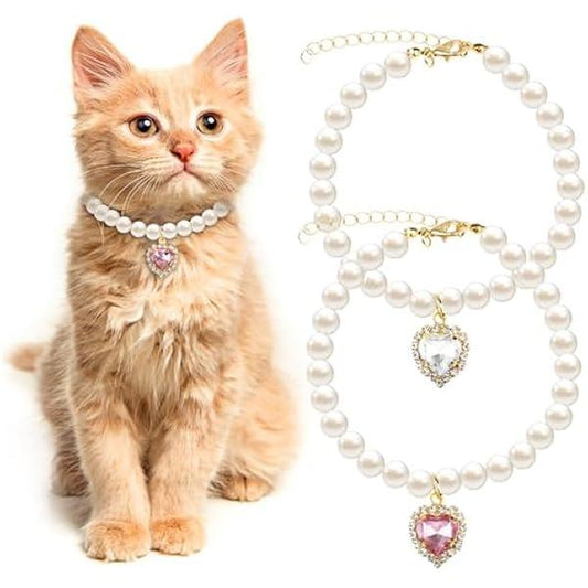 2-Pack Adjustable Pearl Cat Collar with Heart-Shaped Rhinestones - Cute Pet Necklace for Weddings, Parties, & Birthdays