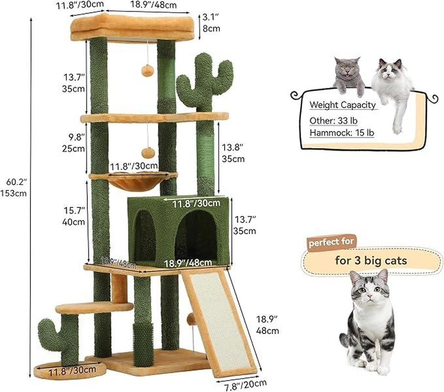 YITAHOME Cactus Cat Tree Tower 37/44.5/60/76 Inch with Self-Grooming Brush, Multi-Level Features, and Sisal Scratching Posts for Indoor Cats