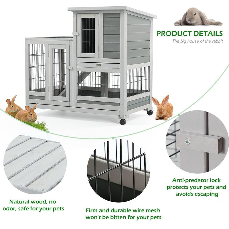 Aecojoy Rabbit Hutch Enclosure - 37 Inches Guinea Pig Cages with 4 Casters, Indoor Rabbit Cage with Removable Trays & Ladder, No Leak Trays