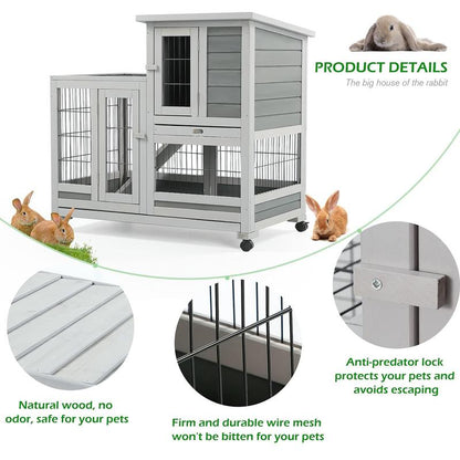 Aecojoy Rabbit Hutch Enclosure - 37 Inches Guinea Pig Cages with 4 Casters, Indoor Rabbit Cage with Removable Trays & Ladder, No Leak Trays