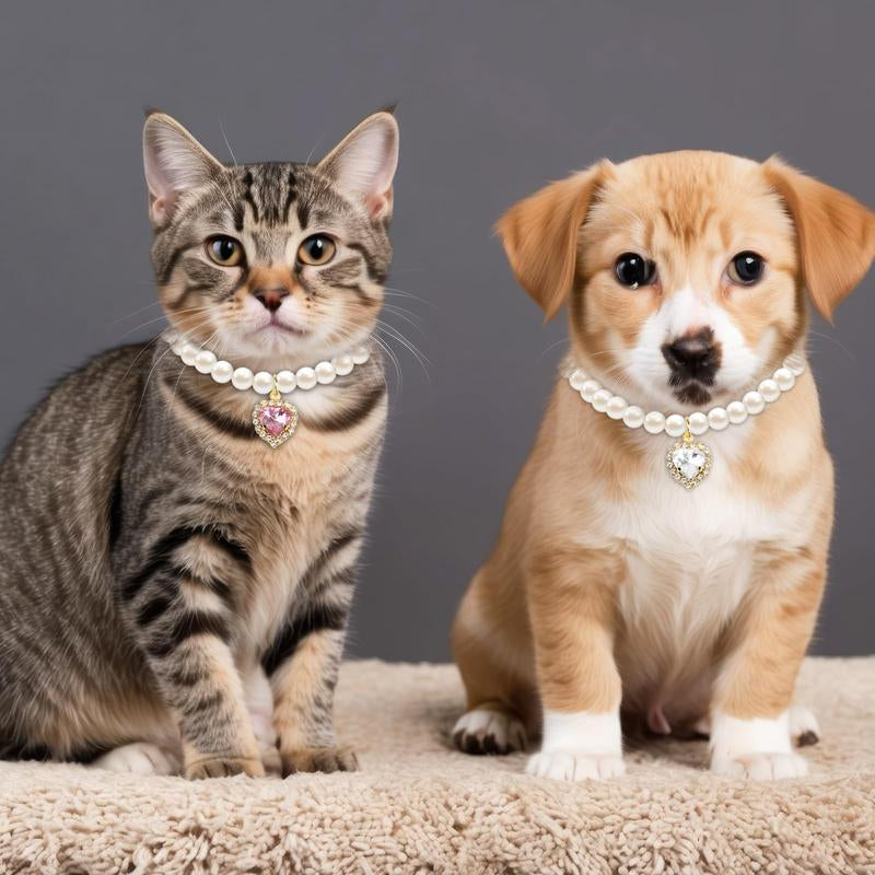 2-Pack Adjustable Pearl Cat Collar with Heart-Shaped Rhinestones - Cute Pet Necklace for Weddings, Parties, & Birthdays