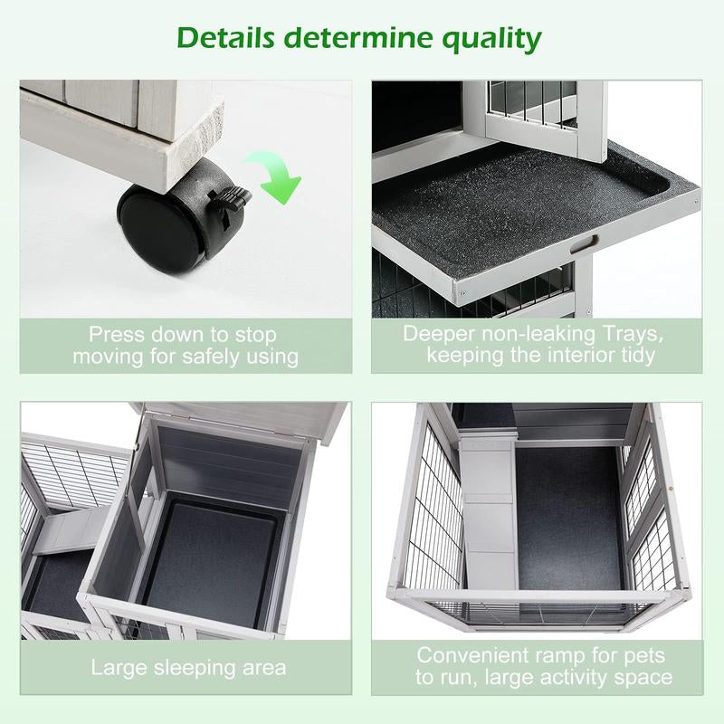 Aecojoy Rabbit Hutch Enclosure - 37 Inches Guinea Pig Cages with 4 Casters, Indoor Rabbit Cage with Removable Trays & Ladder, No Leak Trays