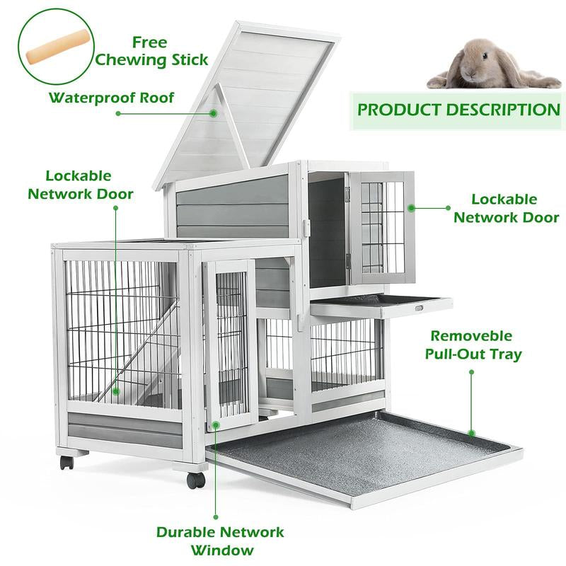 Aecojoy Rabbit Hutch Enclosure - 37 Inches Guinea Pig Cages with 4 Casters, Indoor Rabbit Cage with Removable Trays & Ladder, No Leak Trays